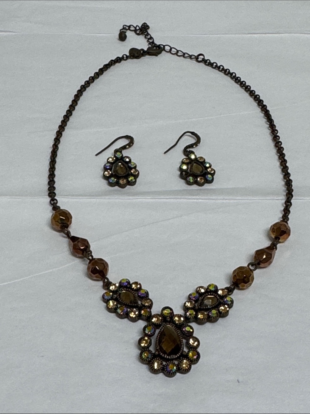 Lia Sophia Brown Crystal Floral Pendant Necklace and Earrings Set